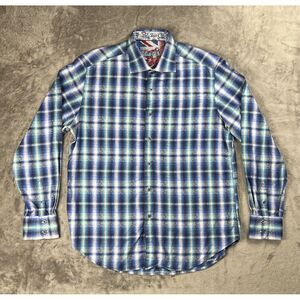 Robert Graham Shirt Men's L Classic Fit Blue Plaid Paisley Long Sleeve Flip Cuff